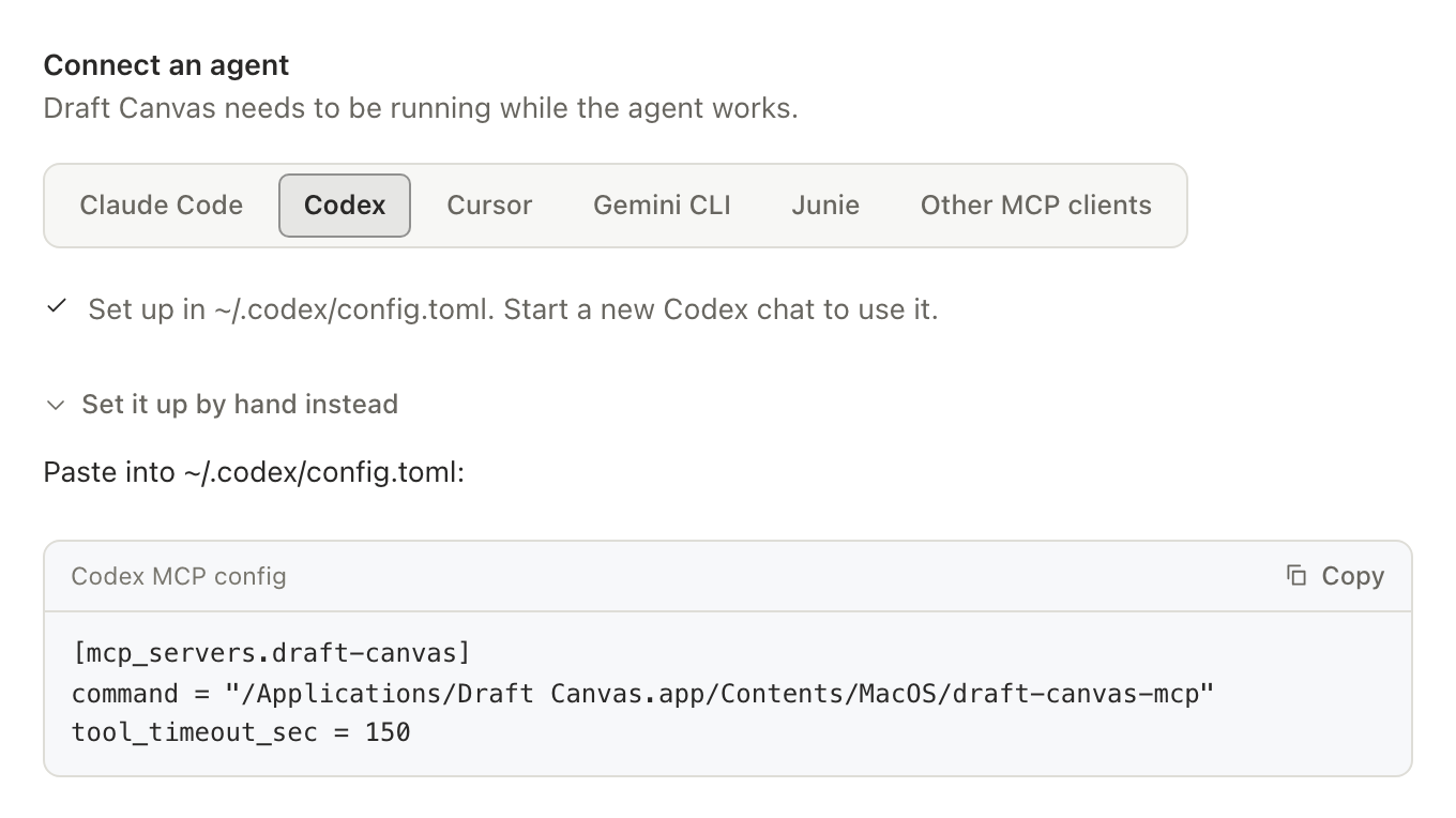 After clicking: a check mark and "Set up in ~/.codex/config.toml. Start a new Codex chat to use it.", with the by-hand config.toml entry expanded below.