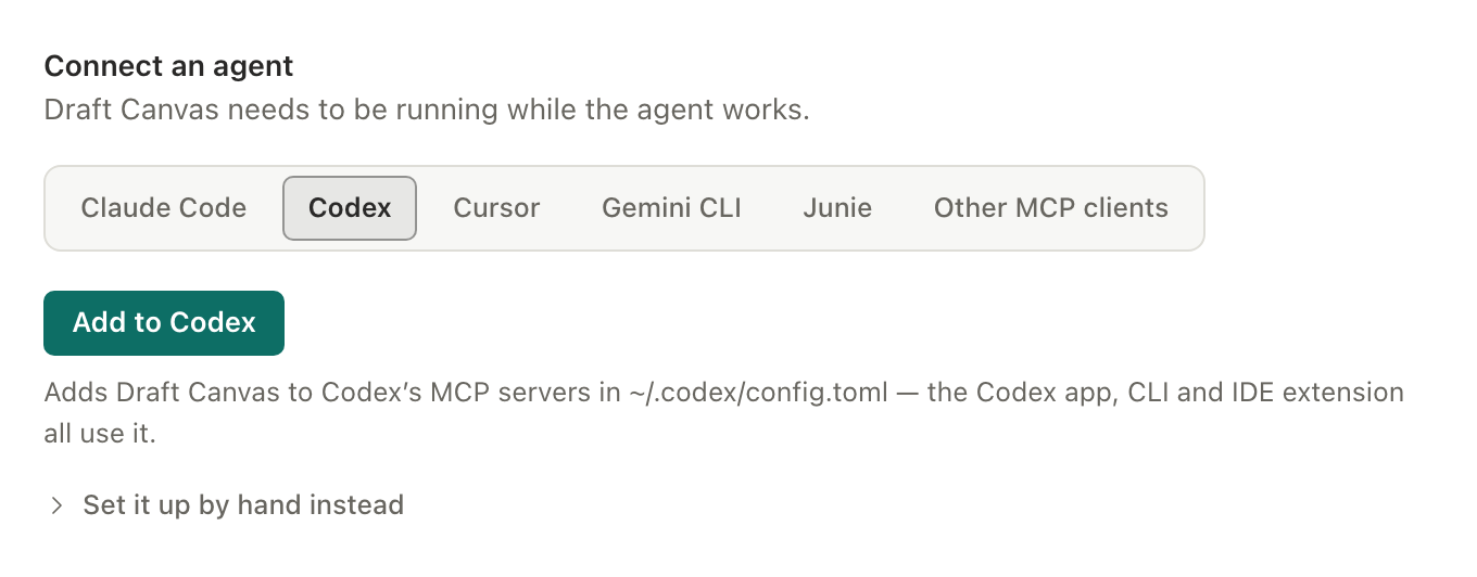 Settings, Connect an agent, with Codex chosen: an Add to Codex button above a line saying it adds Draft Canvas to Codex's MCP servers in ~/.codex/config.toml.