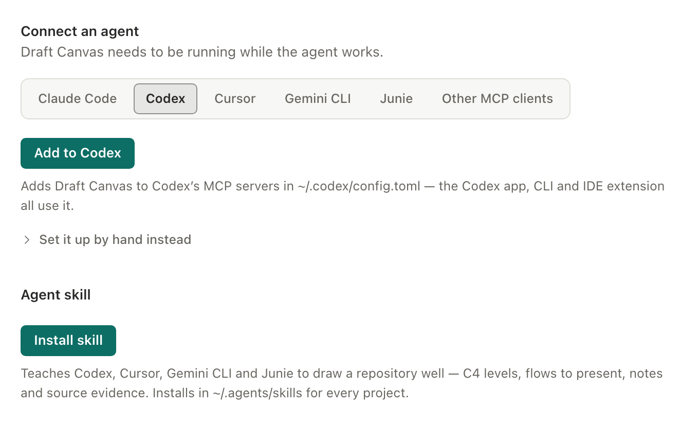 Settings, Connect an agent, with Codex chosen: below Add to Codex, an Agent skill heading with an Install skill button that teaches Codex, Cursor, Gemini CLI and Junie to draw a repository well and installs in ~/.agents/skills.