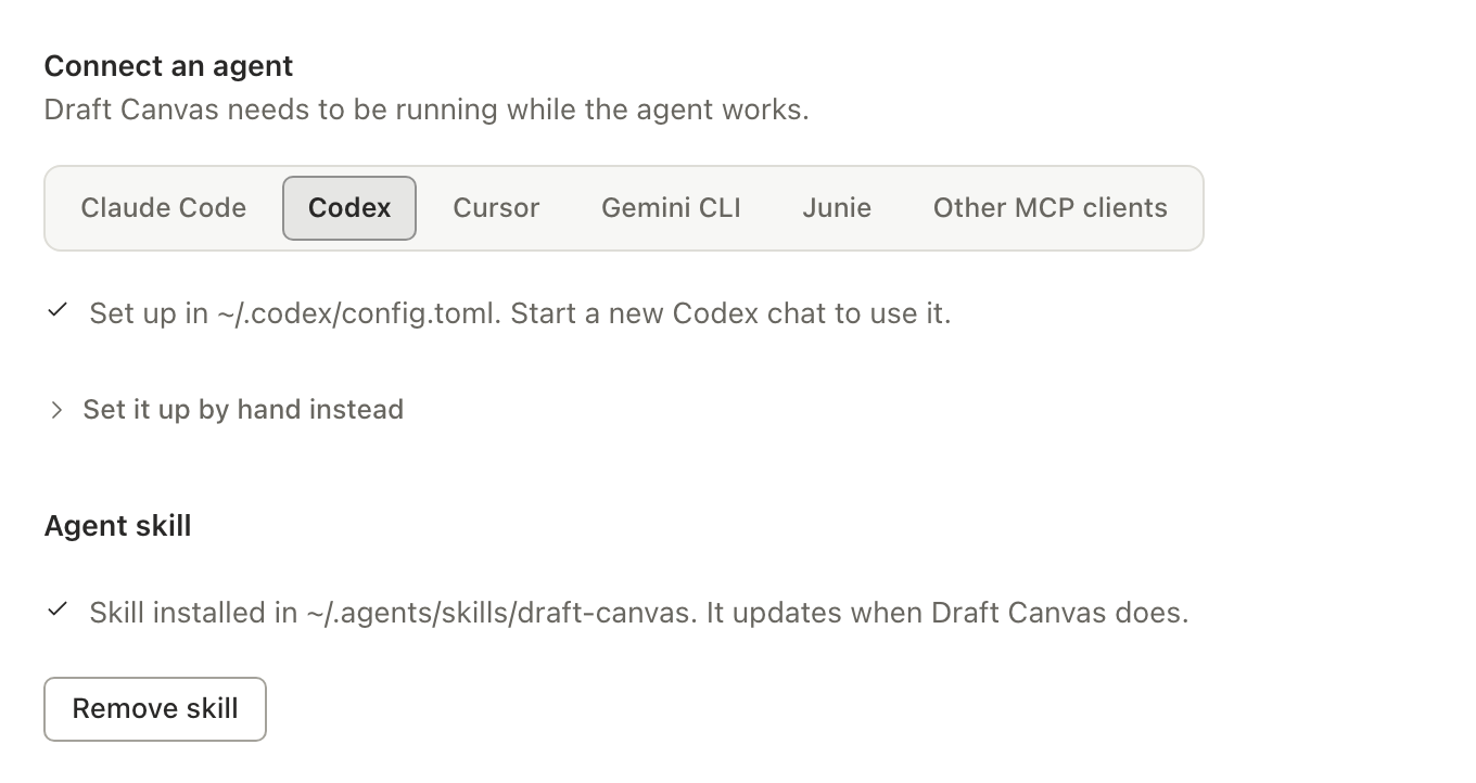 After clicking: a check mark and "Skill installed in ~/.agents/skills/draft-canvas. It updates when Draft Canvas does.", with a Remove skill button below.