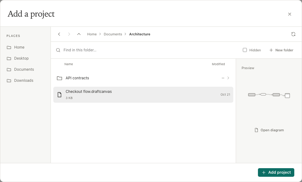 The desktop explorer browsing an Architecture folder, with Places, navigation, filtering, New folder, and a preview of the selected diagram.