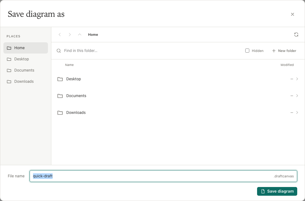 Save As: folder navigation and a file name field with the .draftcanvas extension, followed by Save diagram.