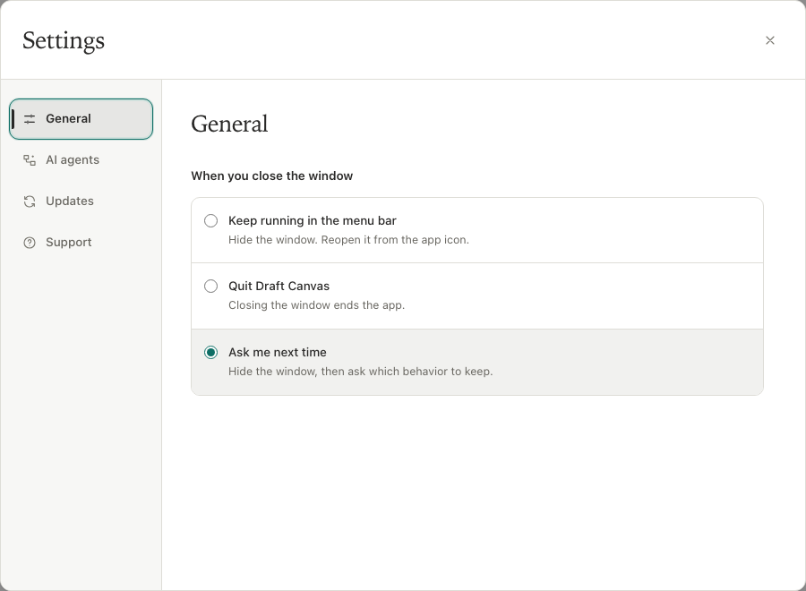 Settings: category navigation beside grouped window-close choices, with a single close button.