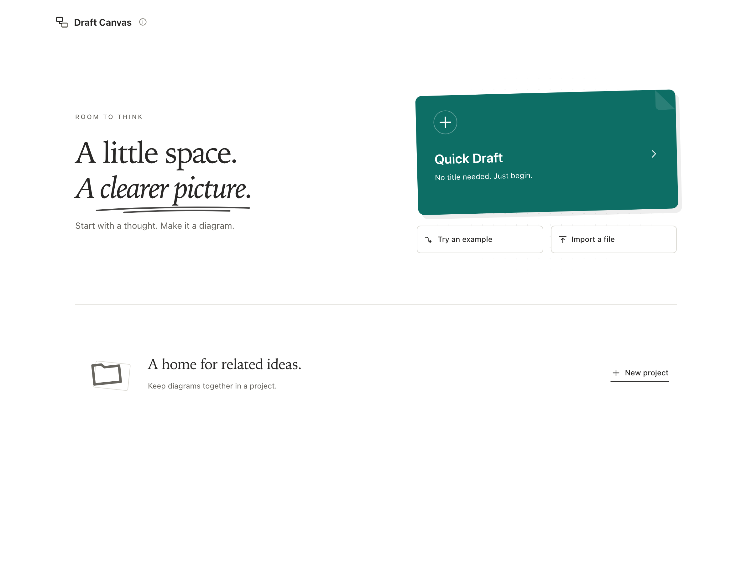 Web Home: an editorial heading beside a Quick Draft paper card, with example and import actions underneath and projects below the separator.