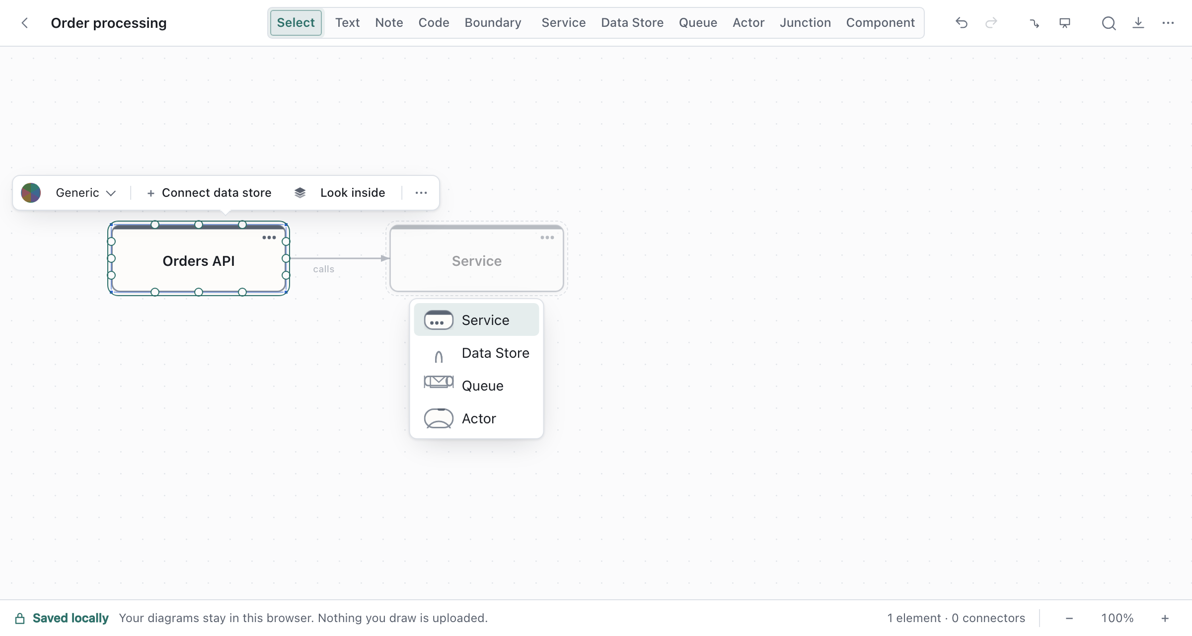 Dragging a connector from Orders API into empty space opens a menu offering Service, Data Store, Queue and Actor.