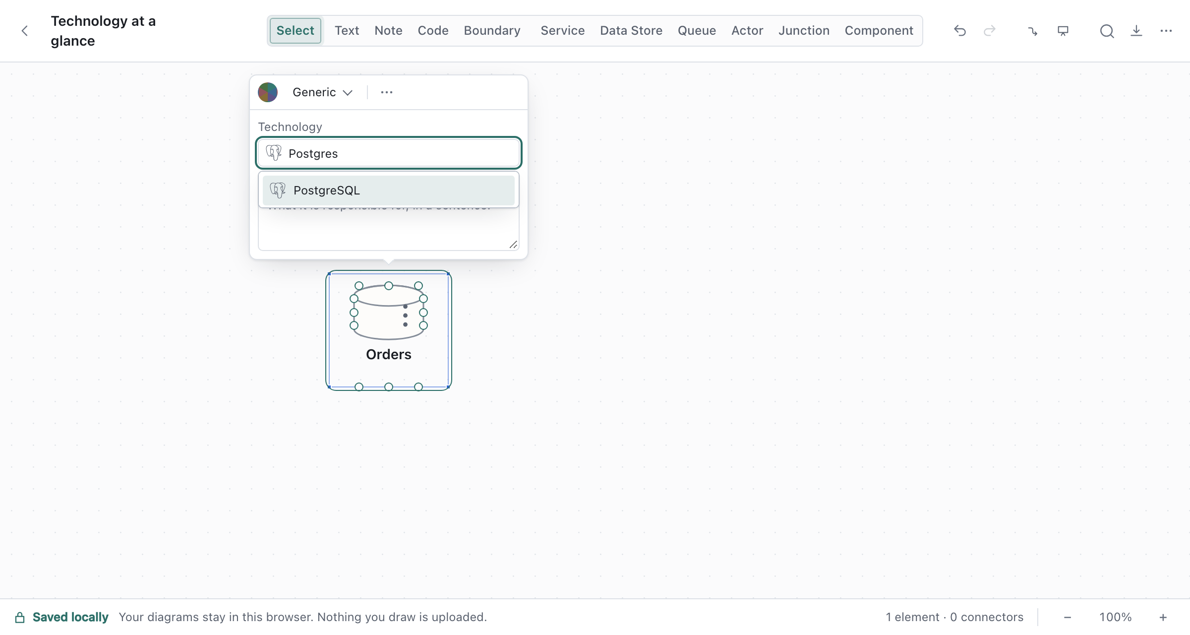 The Technology field suggests PostgreSQL with its elephant icon while the user types Postgres.